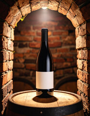 Botella de vino tinto con etiqueta en blanco sobre barrica de madera en una bodega tradicional, concepto de vino premium, crianza, enología, vendimia artesanal y excelencia vitivinícola © theshooter