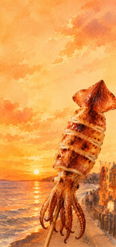 夕焼け空の下で香ばしい匂いが漂う夏祭りのイカ焼き風景 generative ai