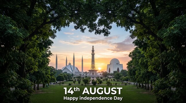 14th August Happy Independence Day Pakistan Landmarks Composite with Faisal Mosque, Minar-e-Pakistan and Mazar-e-Quaid at Sunset, Tree Frame