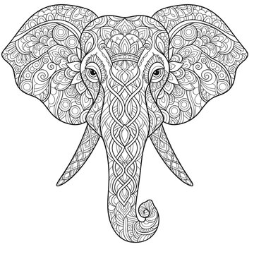 Intricate mandala elephant head vector illustration, ornate floral zentangle animal portrait, black and white coloring page for adults