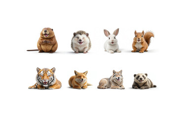 Fototapeta premium Happy wild animal emotions collection, ai generated. Cheerful facial expressions and playful emotion, isolated. Cute wildlife set with beaver, hedgehog, rabbit, squirrel, tiger, fox, wolf, raccoon.