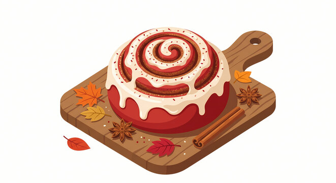 Classic cinnamon roll pastry with white icing on wooden board vector illustration for bakery