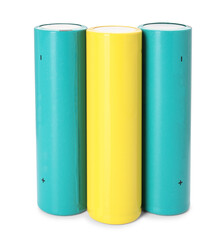 Fototapeta premium Three colorful alkaline batteries isolated on white