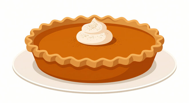 Whole delicious pumpkin pie with whipped cream on plate vector illustration for Thanksgiving menus