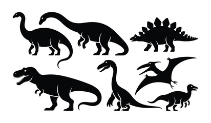 Silhouetted Dinosaurs: A collection of black silhouettes depicting various dinosaurs, including a long-necked sauropod, a Stegosaurus, a Tyrannosaurus Rex, a Velociraptor, and a Pterodactyl. © Jibit