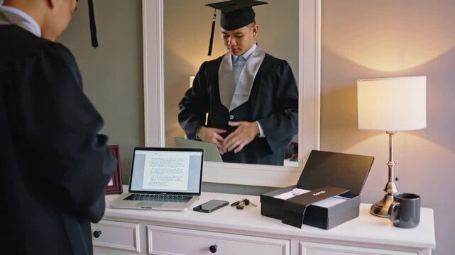 Buttoning hands starting graduate fastening black gown with stole at mirror with cap for grad