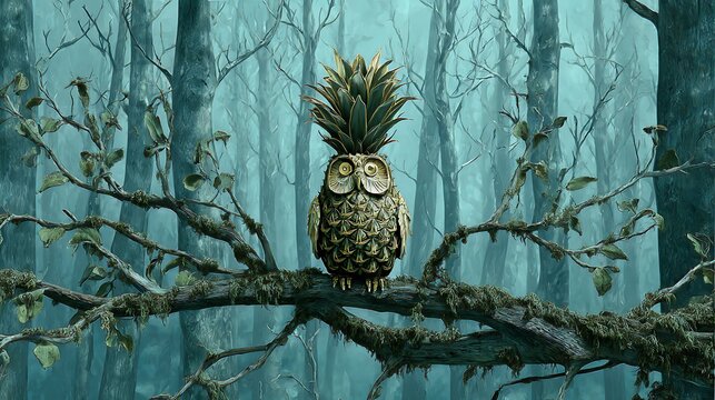 Closeup of small owl with yellow eyes perched on pine tree branch