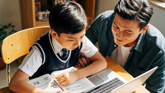 Placing arm on shoulder, father helping boy in uniform complete workbook at home with laptop
