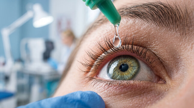 Close-up of an ophthalmologist wearing blue medical gloves applying medicated eye drops into a patient's green eye during a professional clinic exam.
 Generative Ai.