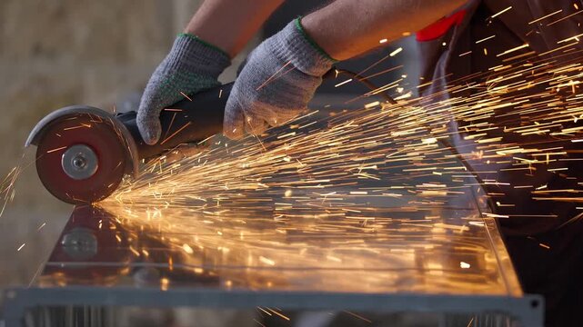 Close-up of a worker cutting metal sheet with an angle grinder in slow motion. Intense bright sparks flying from the spinning abrasive wheel, industrial manufacturing process