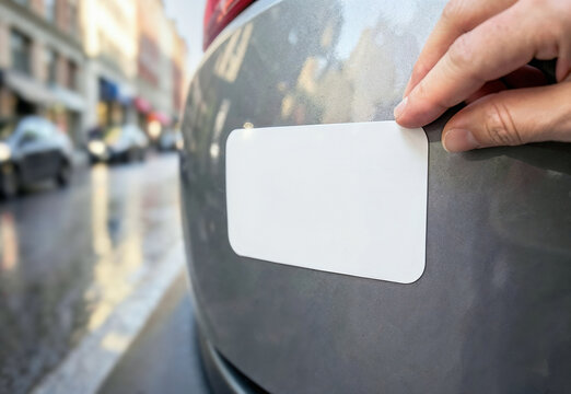 Black rectangle car sticker mockup applied to vehicle body, ai generated. Glued cardecal placing by hand for sign or logotype. Gluing or attaching transportation label for ad template.