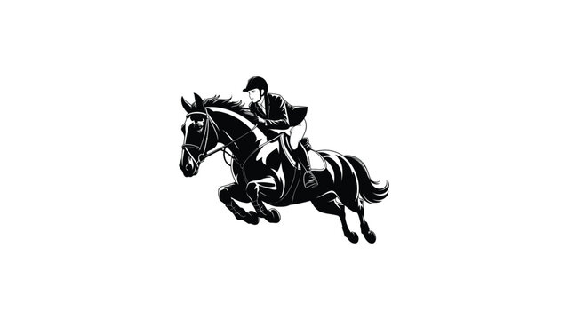 Stylized black and white equestrian jumping illustration featuring rider in helmet and horse in mid-leap, dynamic minimalist design symbolizing sport, strength, motion, and competition concepts
