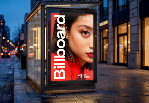 Bus Stop Billboard Mockup at Night