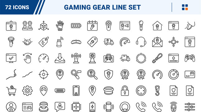 Motion controller store line icon set. Vector pictograms of tracking, wand, game, and hardware elements, thin linear illustration.