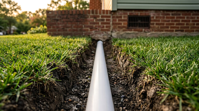 White pvc pipe installed in narrow trench in green lawn next to brick residential building foundation for exterior drainage system management and water runoff protection.