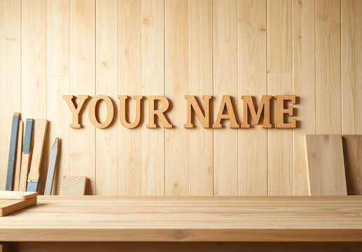 Custom wooden letters name sign mockup on wood wall, ai generated. Letters spelling your name mounted on natural wall in woodworking studio. Minimal personalized signage with wood texture.