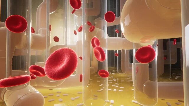 Flowing fluid initiating red biconcave cells drifting through lab tubes, with beige conduits