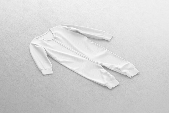 Blank white zip-up sleepsuit romper mockup, lying on grey background, 3d rendering. Empty sleepwear for baby with zipper, side view. Clear newborn or toddler kid pajamas overalls template.