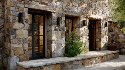 Fototapeta premium Rustic stone wall featuring modern windows, A stone structure with several windows and a matching stone bench