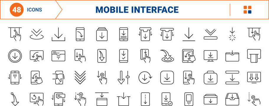 Mobile user interface line icon set. Vector pictograms of touch gesture, pull refresh, swipe motion, and screen navigation elements, thin linear illustration.