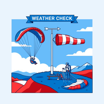 Paragliding Weather Check On Windswept Hilltop Adventure Sports Illustration