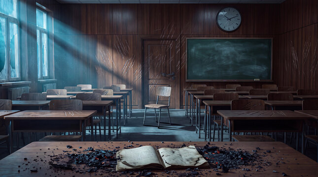 Concept of a post apocalyptic school classroom displaying scratches on wood walls and a burned book on desk near broken windows