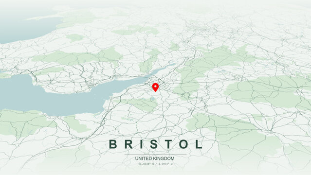 Modern minimalist vector map of Bristol, England. High-quality scalable illustration of Bristol geographic boundaries along River Avon contours, Bristol Floating Harbour for posters design.