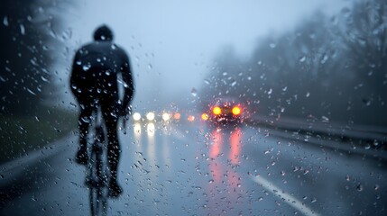Obraz premium Silhouette of a road cyclist on a rainy day, A cyclist navigates a fog-covered road