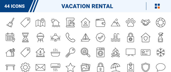 Fototapeta premium Vacation rental app art line icon set. Vector pictograms of property, accommodation, booking, and guest elements, thin linear illustration.
