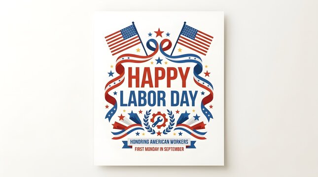 Happy Labor Day greeting card design. American holiday poster with flags and typography.