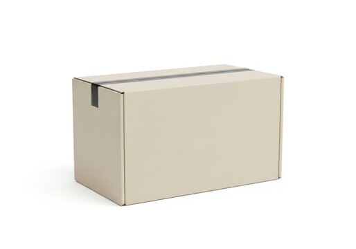 Large beige cardboard box with reinforced closure flap isolated on white background