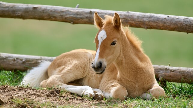 Chestnut foal resting in grass