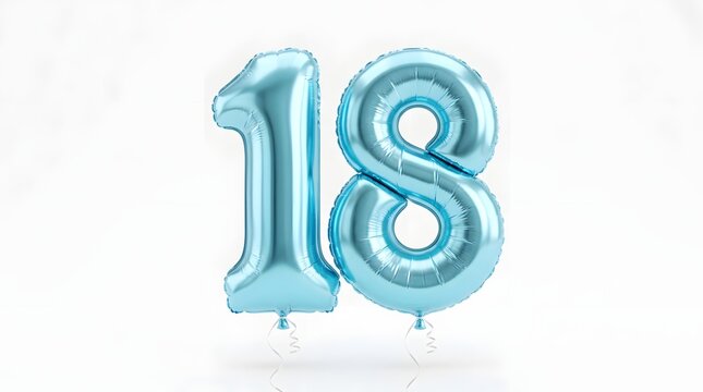 Shiny metallic light blue number eighteen foil balloons for eighteenth birthday party celebration decoration isolated on a clean white background