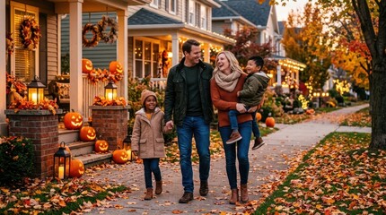 Obraz premium Happy family walks down a suburban street decorated for Halloween and autumn