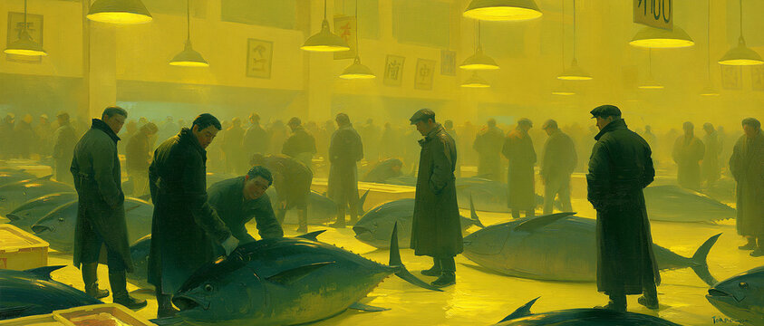 Vibrant Fish Market Showcase: Fresh Seafood and Sustainable Fishing Industry in Coastal Marketplace Scene