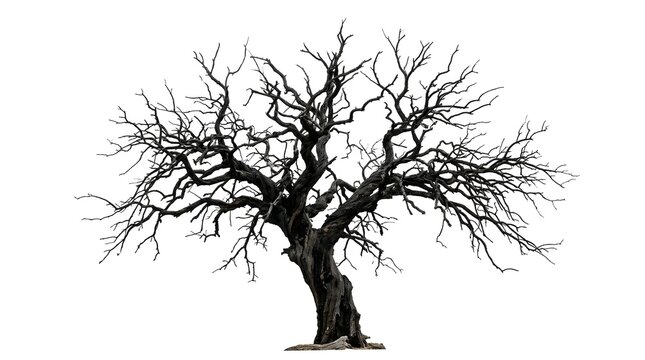 A single old dead tree with bare branches isolated on a plain white background