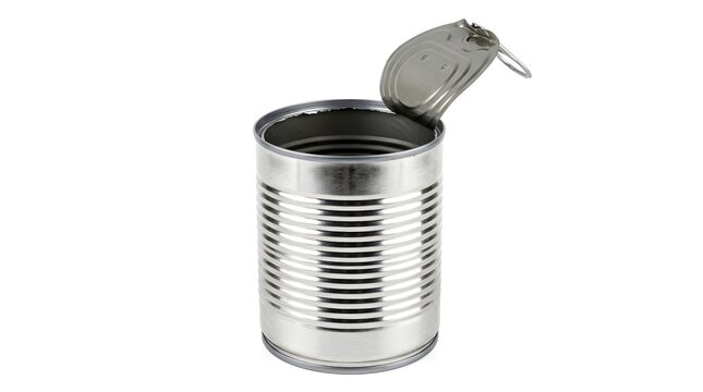 Empty metallic tin can with an open lid isolated on a plain background