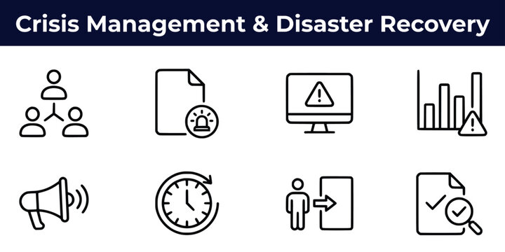 Crisis management and disaster recovery line icon set, editable stroke. Includes emergency plan, incident response, evacuation, business continuity and more. Vector illustration.