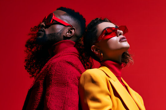A trendy, varied pair in a picture against a vivid red backdrop, exuding contemporary style and assertiveness