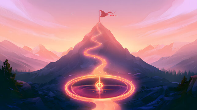 A luminous compass base and a lights-up path guiding to the summit of the mountain, featuring a flag at sunset, symbolizes the attainment of business goals and the strategic journey
