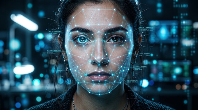 Futuristic facial recognition technology scanning a woman's face with digital data points, glowing blue security interface, and biometric identification.
 Generative Ai.