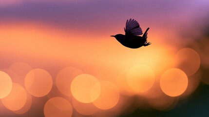 Fototapeta premium Hummingwren bird in flight against sunset bokeh background