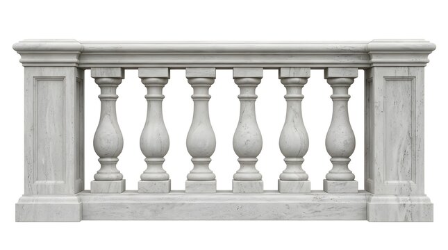 Classic stone balustrade railing with decorative columns for architectural design isolated on a clean white background