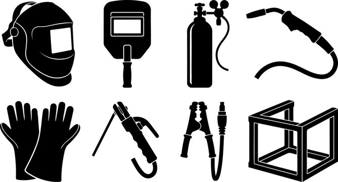 Welding equipment icons set, including protective mask, gas cylinder, torch, gloves, electrode holder, ground clamp and metal frame