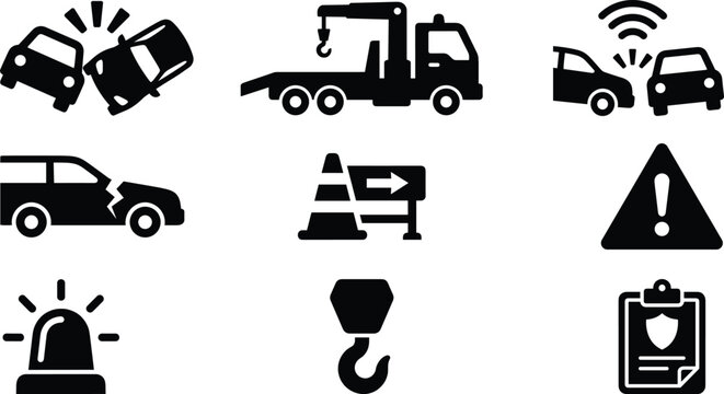 Car accident and towing service silhouette vector icon set for auto insurance and road safety