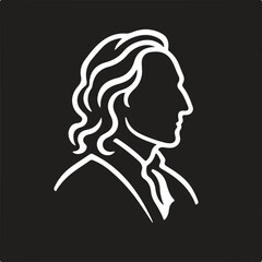 Minimalist white line art profile portrait of a classical composer on a black background © MR