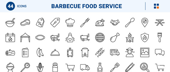 Fototapeta premium BBQ Catering line icon set. Vector pictograms of food, cooking, service, and event elements, thin linear illustration.
