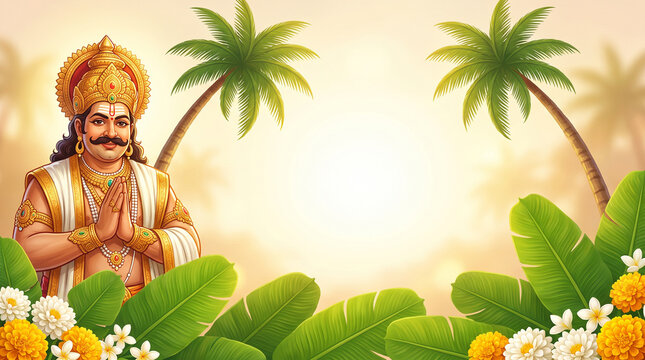 Hindu deity lord kubera wearing a golden crown and jewelry, standing in a prayer pose with hands together, surrounded by lush green palm trees, banana leaves, and vibrant yellow marigold flowers