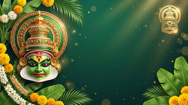 Kathakali dance mask with ornate gold headdress, vibrant green face paint, yellow marigold garlands, and tropical banana leaves on a dark green background, for onam festival