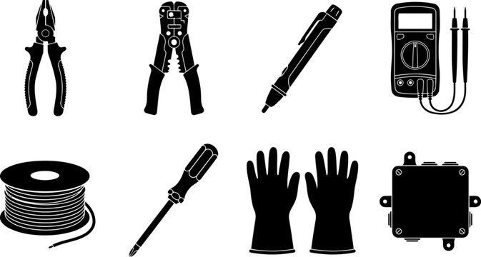 Set of electrical tools and equipment icons, including pliers, wire stripper, voltage tester, multimeter, wire spool, screwdriver, gloves, and junction box